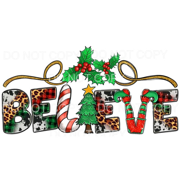 Believe Christmas Tree Red Green Plaid Cowhide Leopard Elf 