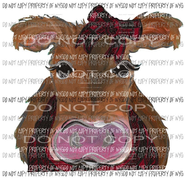 Brown Cow Red Buffalo Plaid Bow Scarf Watercolor Sublimation transfers Heat Transfer