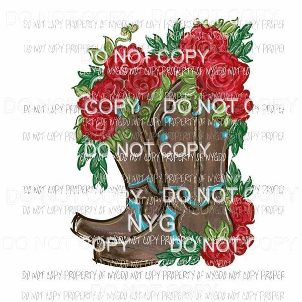 Brown Cowboy Boots Red Roses Sublimation transfers Heat Transfer