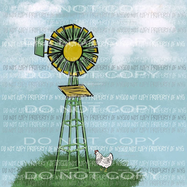 Green and Yellow Windmill chicken watercolor Sublimation transfers Heat Transfer