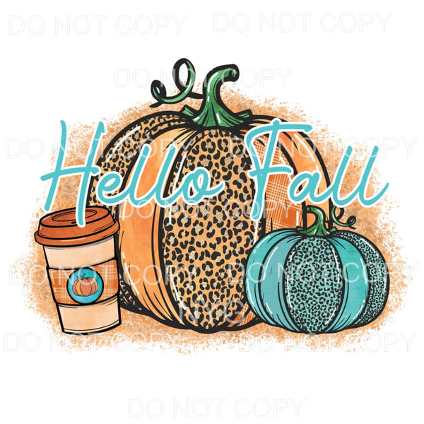 Hello Fall Teal Orange Leopard Pumpkins Coffee Cup Splatter 