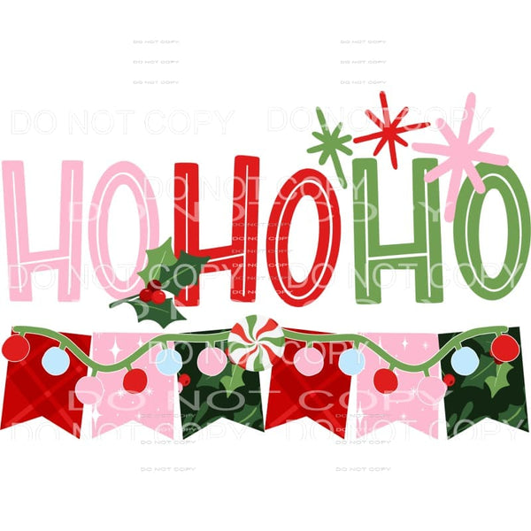 Ho Ho Ho Retro Banner Pink Red Green Holly Leaves #1321 
