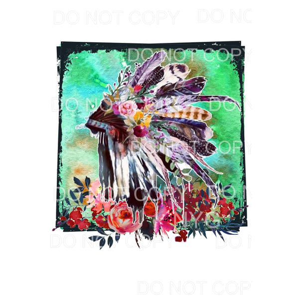 Native American Headdress Feathers Flowers Green Background 