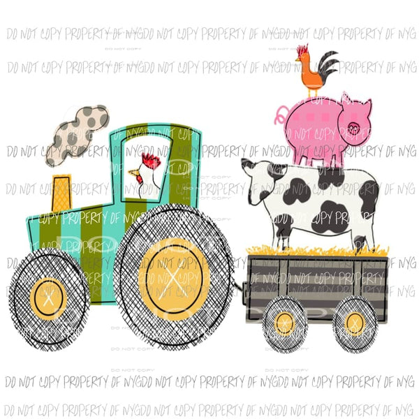 Tractor Wagon Farm Trio Cow Pig Chicken Sublimation transfers Heat Transfer