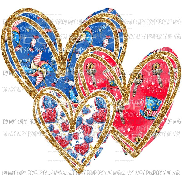 USA Gold Heart Trio red white blue Sublimation transfers Heat Transfer