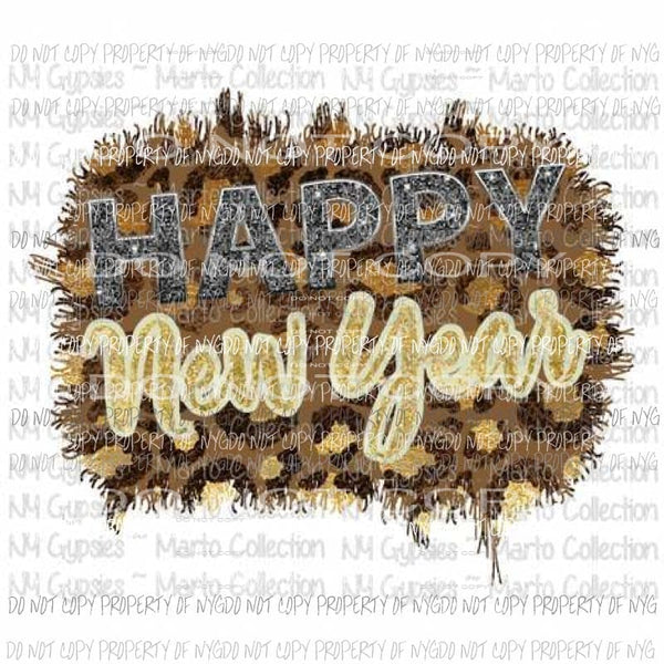 Happy New Year no year added leopard Sublimation transfers Heat Transfer