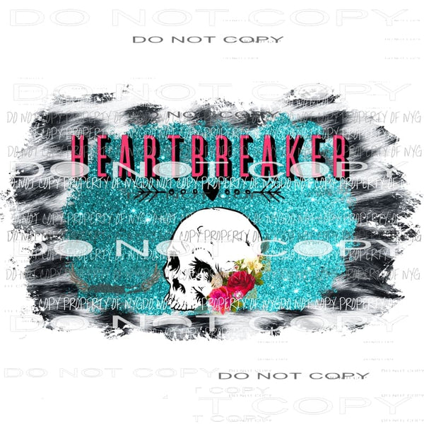 Heartbreaker Skull flowers teal glitter Sublimation transfers Heat Transfer