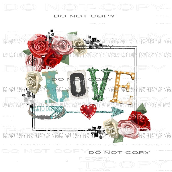 Love #1 retro framed heart arrow flowers Sublimation transfers Heat Transfer