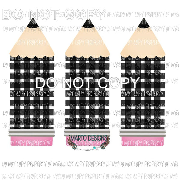 Pencil Trio Black Plaid Sublimation transfers Heat Transfer