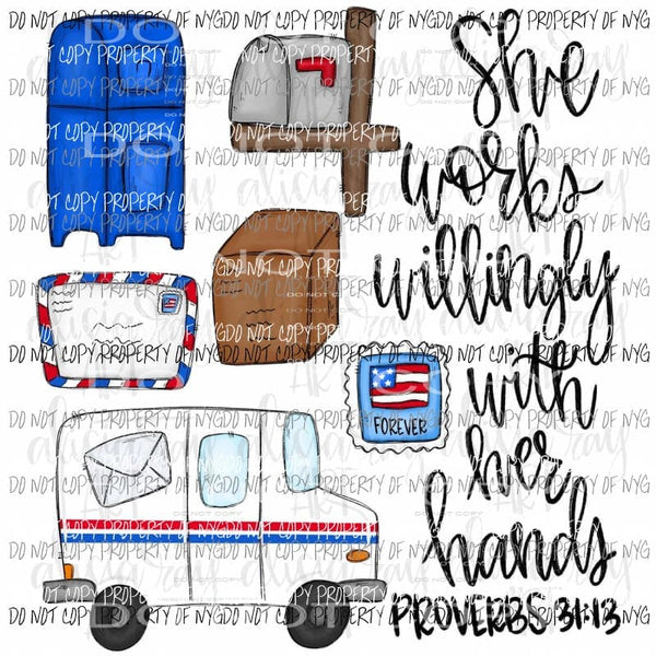 Postal Worker She Works Willingly Sublimation transfers Heat Transfer
