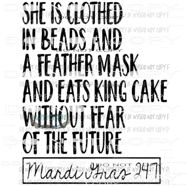 She is clothed in beads mardi Gras Sublimation transfers Heat Transfer