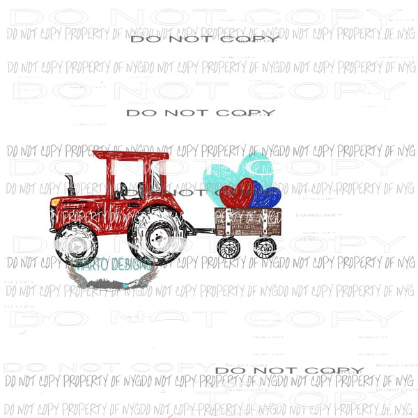 Tractor pulling Wagon hearts red blue aqua Valentines Day Sublimation transfers Heat Transfer