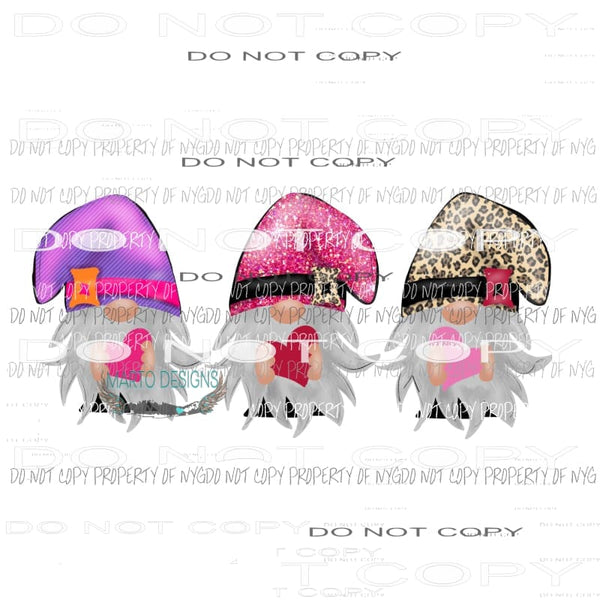 Valentines Day gnomes trio leopard pink glitter purple hearts Sublimation transfers Heat Transfer