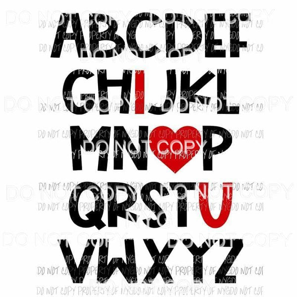Alphabet I Heart U valentines Sublimation transfers Heat Transfer