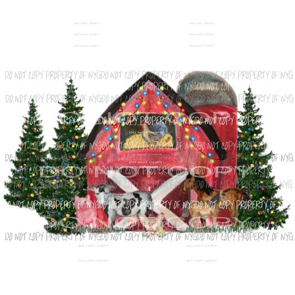 Barn with Animals Lights and trees Watercolor Christmas Sublimation transfers Heat Transfer