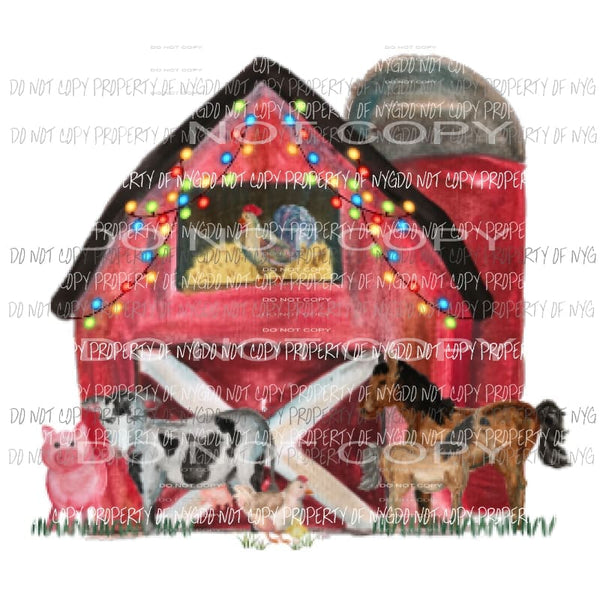 Barn with Animals Lights Watercolor Christmas Sublimation transfers Heat Transfer