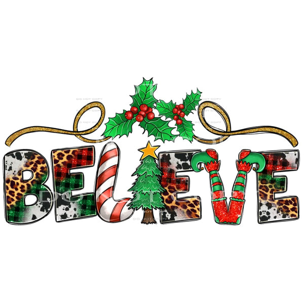 Believe Christmas Tree Holly Elf Legs Cowhide Leopard Red 
