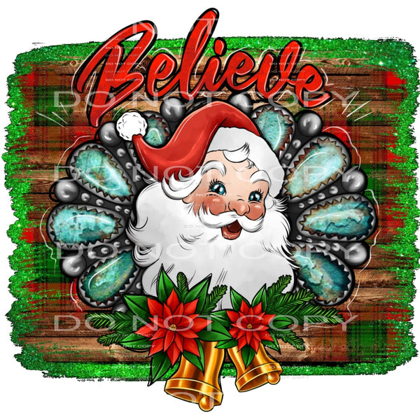 Believe Santa Christmas Turquoise Wreath Plaid Background 