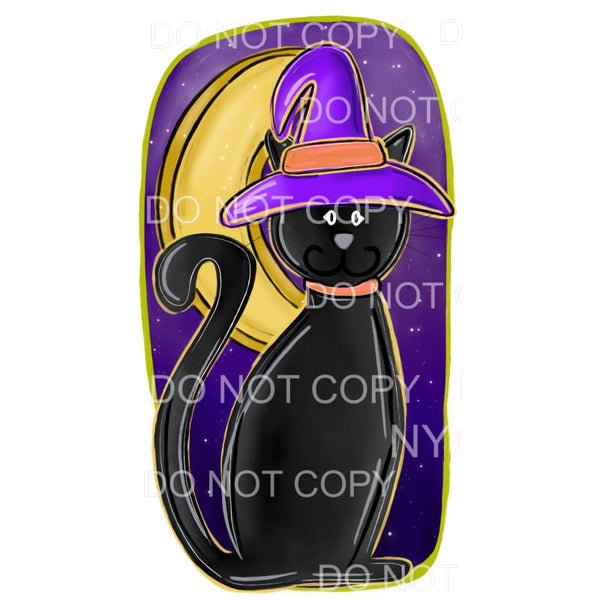 Black Cat Witch Hat Purple Orange Moon Stars Background #154
