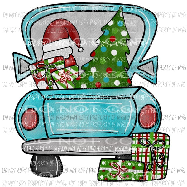 Blue Christmas Truck with santa hat Sublimation transfers Heat Transfer