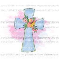 Blue Floral Cross flowers pink watercolor Sublimation transfers Heat Transfer