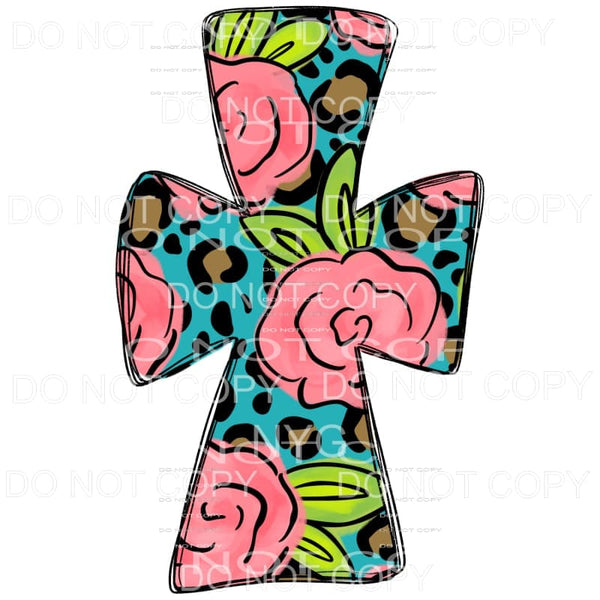 Blue Leopard Pink Floral Cross Sublimation transfers - Heat 