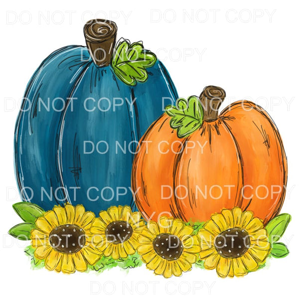 Blue Orange Pumpkins Sunflowers Watercolor #530 Sublimation 