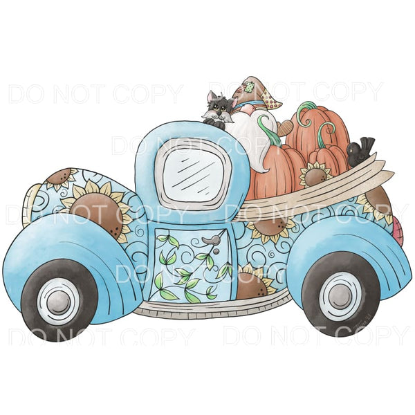 Blue Vintage Sunflower Truck Gnome Cat Pumpkins Fall Autumn 