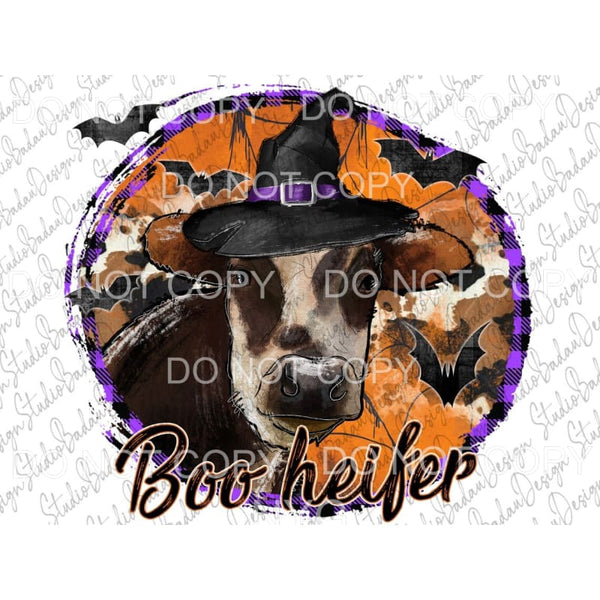 Boo Heifer Cow Witch Hat Bats Cowhide Leaves Purple Plaid 