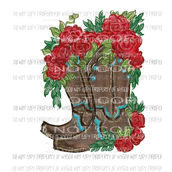 Brown Cowboy Boots Red Roses watercolor Sublimation transfers Heat Transfer
