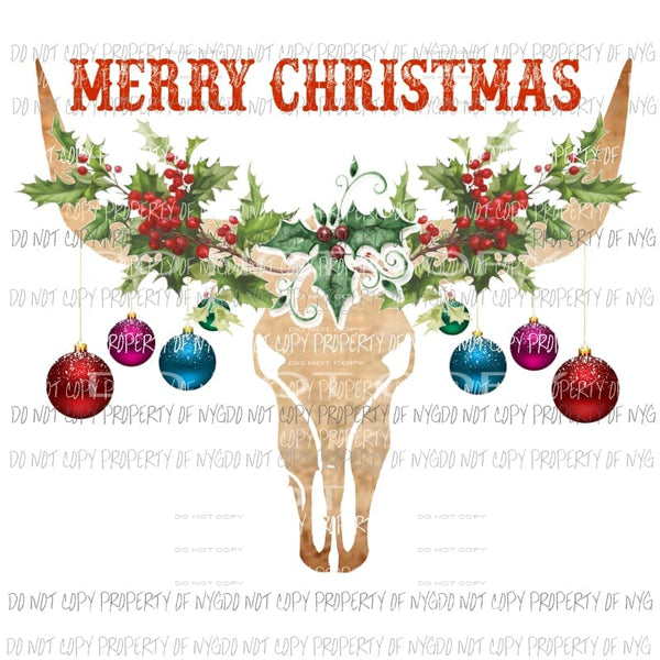 Bull skull with Christmas ornaments # 1 MERRY CHRISTMAS Sublimation transfers Heat Transfer