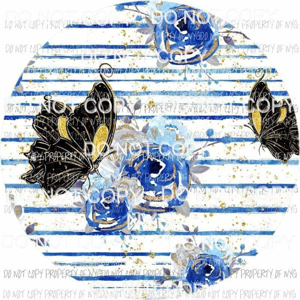 Butterflies blue flowers stripes circle Sublimation transfers Heat Transfer