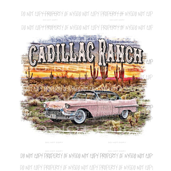 Cadillac Ranch pink sunset background desert cactus Texas Sublimation transfers Heat Transfer