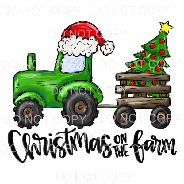 Christmas On The Farm Green Tractor Santa Hat Wagon Tree 