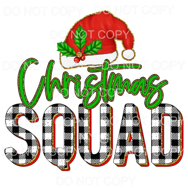 Christmas Squad Santa Hat Black Plaid Red Green Gold Glitter