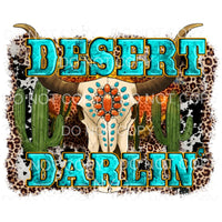 Desert Darlin Cactus Bull Skull Leopard Background Western 