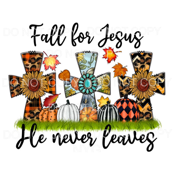 Fall For Jesus He Never Leaves Leopard Plaid Sunflower 
