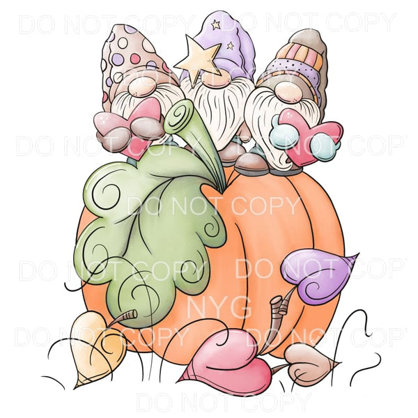 Gnome Trio Standing On Large Pumpkin Hearts Fall Autumn #417