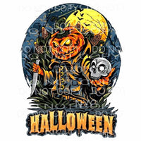 Halloween Scary Jack O Lantern Holding Knife and Skull 