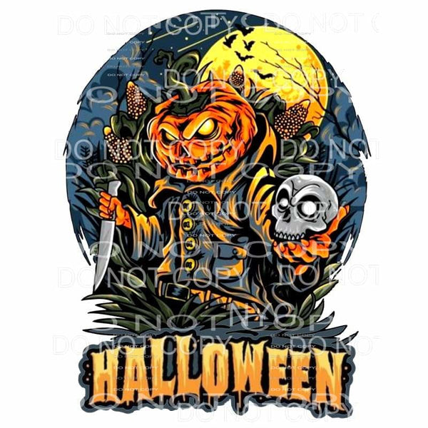Halloween Scary Jack O Lantern Holding Knife and Skull 