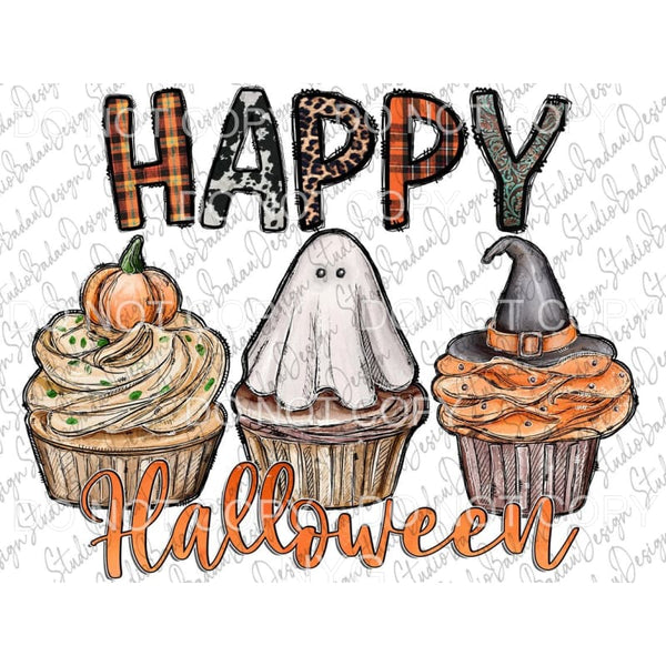 Happy Halloween Cupcakes Pumpkin Witch Hat Ghost Plaid 