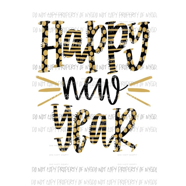 Happy New Year #1 black gold stripes polka dots Sublimation transfers Heat Transfer