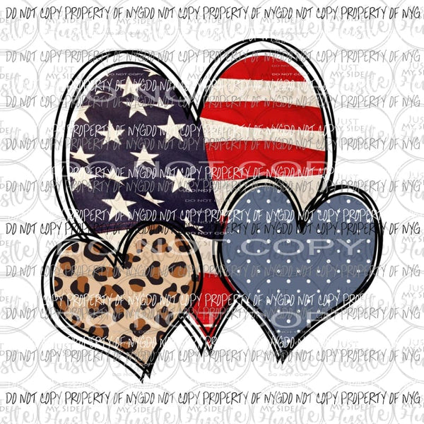 Heart Trio #2 American Flag Leopard Blue Dots Sublimation transfers Heat Transfer