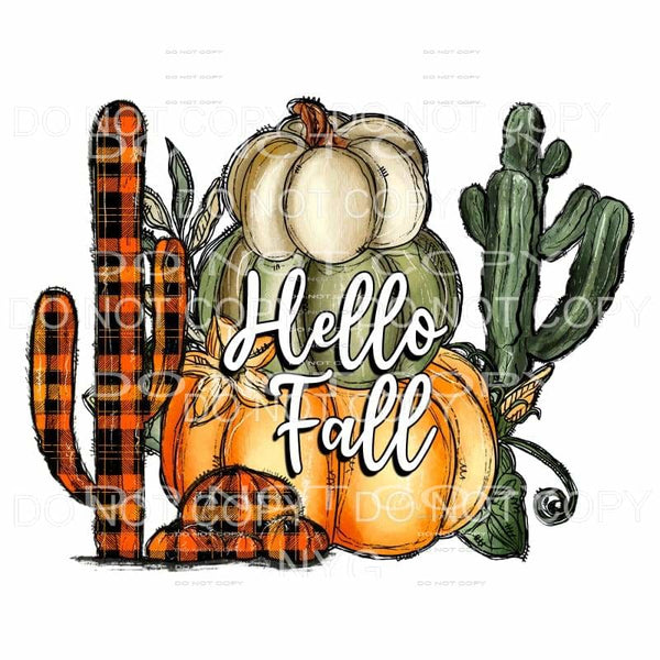 Hello Fall Orange Plaid Green Cactus Stacked Pumpkins Fall 