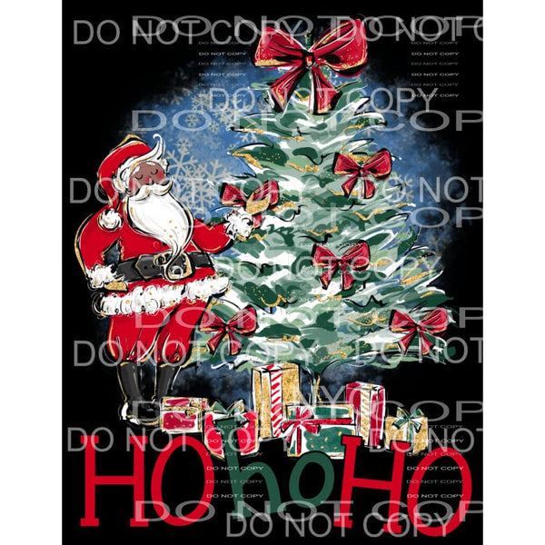Ho Ho Ho Santa Christmas Tree Red Bows Presents Blue 