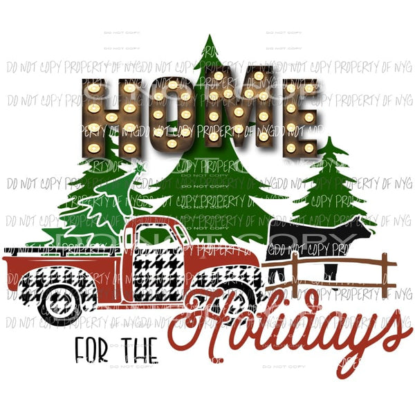 Home For The Holidays red houndstooth truck cow trees Sublimation transfers Heat Transfer