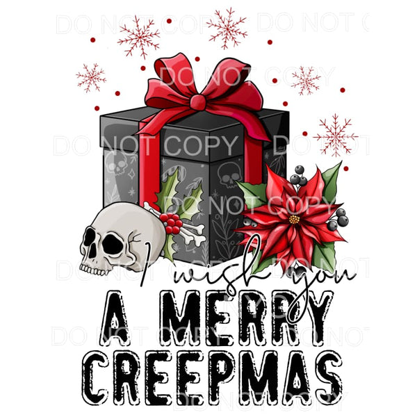 I Wish You A Merry Creepmas Skull Black Gift Red Bow Holly 