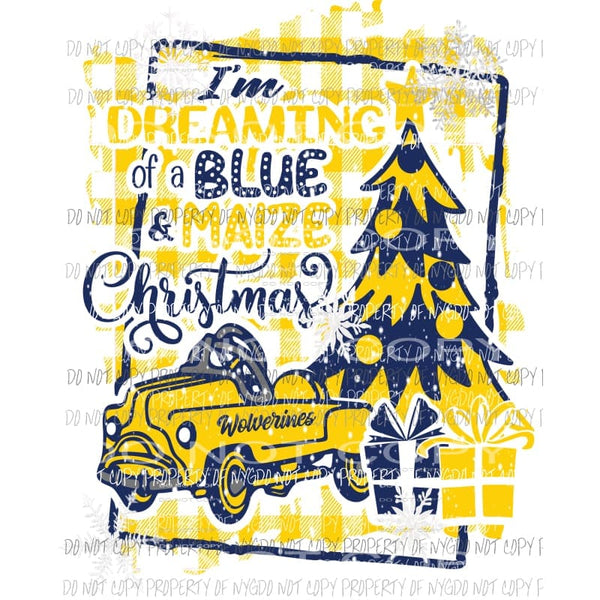 Im Dreaming of an Blue Maize Christmas Michigan Wolverines pedal car buffalo plaid frame Sublimation transfers Heat Transfer