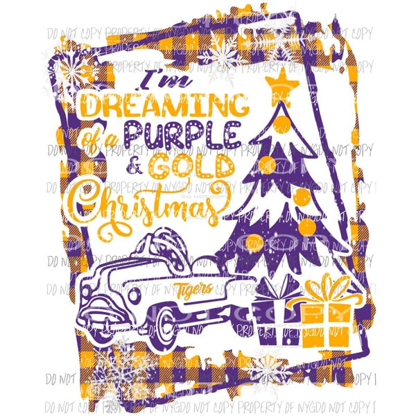 Im Dreaming of an Purple Gold Christmas LSU Tigers pedal car buffalo plaid frame Sublimation transfers Heat Transfer