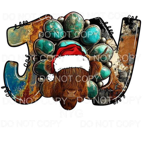 JOY Longhorn Santa Hat Turquoise Christmas Sublimation 
